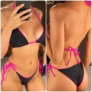 Hot Pink Black Triangle Halter Side Tie Bikini Set
